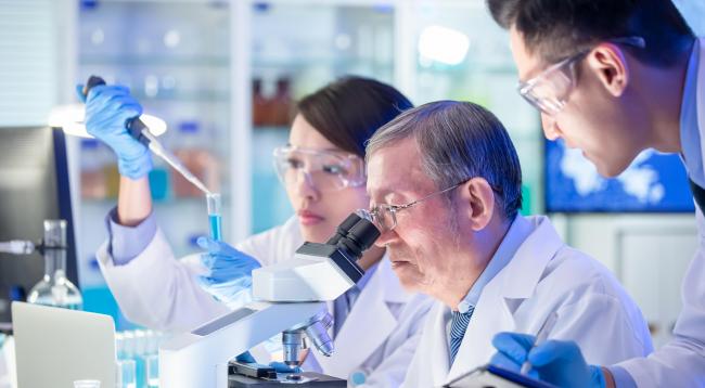 Three medical researchers at work in a lab.